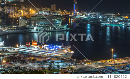 Night skyline from Montjuic with Port Vell timelapse, Barcelona, Catalonia, Spain Night skyline from Montjuic with Port Vell timelapse, Barcelona, Catalonia, Spain 114820522