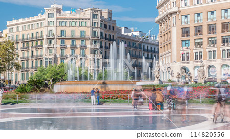 People at Placa de Catalunya or Catalonia Square timelapse a large square in central Barcelona 114820556