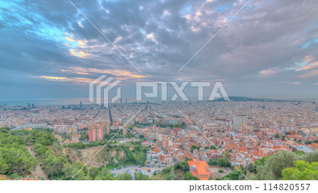 Panorama of Barcelona timelapse, Spain, viewed from the Bunkers of Carmel 114820557