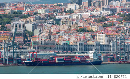 Panorama of Lisbon historical centre aerial timelapse viewed from above the southern margin of the Tagus or Tejo River. 114820751