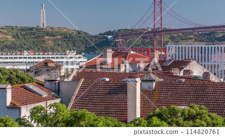 Aerial View Of Downtown Lisbon Skyline Of The Old Historical City timelapse And 25 de Abril Bridge In Portugal Aerial View Of Downtown Lisbon Skyline Of The Old Historical City timelapse And 25 de Abril Bridge In Portugal 114820761