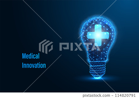 Futuristic medical innovation, healthcare advancement concept with medical cross inside lightbulb Futuristic medical innovation, healthcare advancement concept with medical cross inside lightbulb 114820791