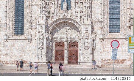 Entrance to Mosteiro dos Jeronimos timelapse, a highly ornate former monastery Entrance to Mosteiro dos Jeronimos timelapse, a highly ornate former monastery 114820815