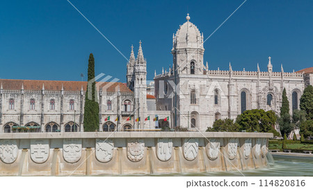 Jeronimos monastery and fountain seen from the Imperio garden timelapse in Lisbon, Portugal. Jeronimos monastery and fountain seen from the Imperio garden timelapse in Lisbon, Portugal. 114820816
