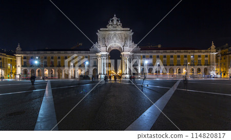 Triumphal arch at Rua Augusta at Commerce square night timelapse hyperlapse in Lisbon, Portugal. Triumphal arch at Rua Augusta at Commerce square night timelapse hyperlapse in Lisbon, Portugal. 114820817