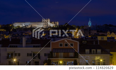 The Ajuda National Palace is a neoclassical monument in the civil parish of Ajuda night to day timelapse in Lisbon, Portugal 114820829