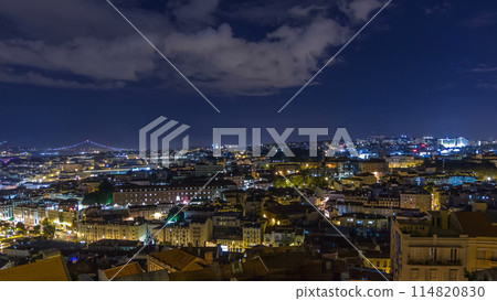 Lisbon aerial panorama of city centre with illuminated building at autumn night timelapse, Portugal 114820830