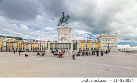 Bronze statue of King Jose I and triumphal arch at Rua Augusta at Commerce square timelapse hyperlapse in Lisbon, Portugal. 114820834