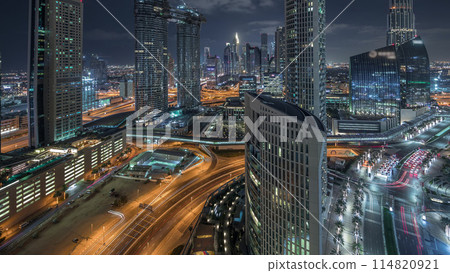 Aerial night view of new skyscrapers and tall buildings Timelapse 114820921