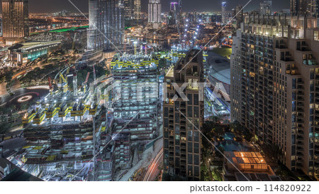 Amazing aerial view of Dubai downtown skyscrapers night timelapse, Dubai, United Arab Emirates 114820922