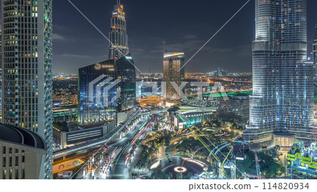 Amazing aerial view of Dubai downtown skyscrapers night timelapse, Dubai, United Arab Emirates Amazing aerial view of Dubai downtown skyscrapers night timelapse, Dubai, United Arab Emirates 114820934