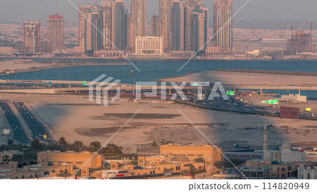 Construction of new skyscrapers in Dubai Creek Harbor aerial timelapse. Dubai - UAE. 114820949