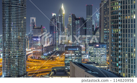 Dubai International Financial Centre district with modern skyscrapers night timelapse 114820956
