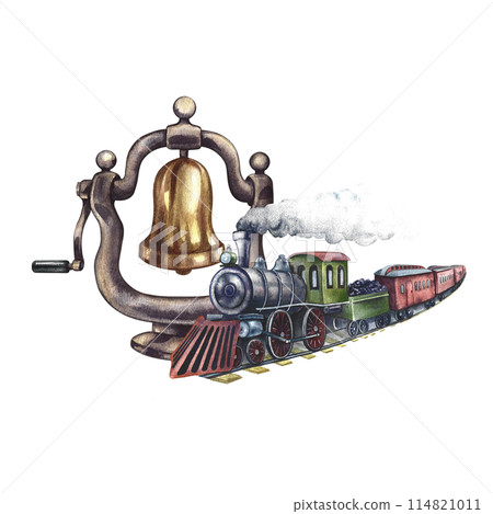 Vintage steam locomotive and steam locomotive bell. Traveling by train. Handmade watercolor illustration in vintage style. For postcards, badges and emblems, posters, prints or stickers, tickets. Vintage steam locomotive and steam locomotive bell. Traveling by train. Handmade watercolor illustration in vintage style. For postcards, badges and emblems, posters, prints or stickers, tickets. 114821011