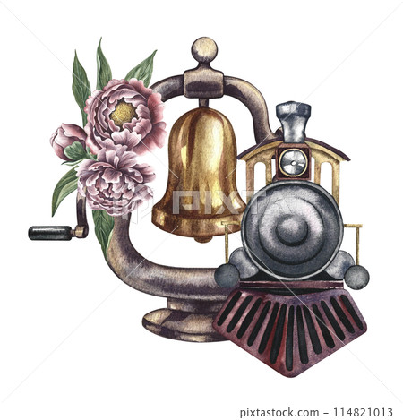 Vintage steam locomotive and locomotive bell decorated with flowers. Handmade watercolor illustration in vintage style. For postcards, badges and emblems for posters, prints or stickers, tickets. Vintage steam locomotive and locomotive bell decorated with flowers. Handmade watercolor illustration in vintage style. For postcards, badges and emblems for posters, prints or stickers, tickets. 114821013
