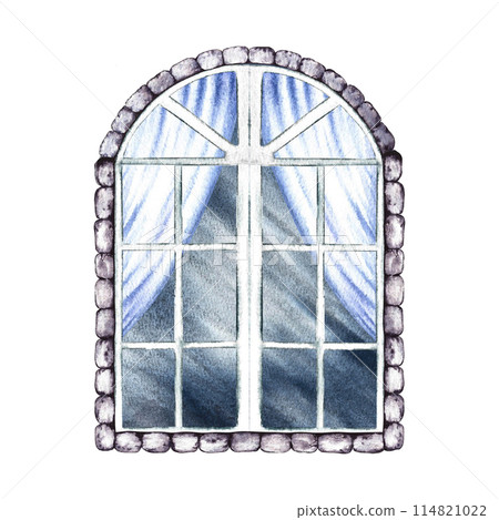 Retro window. Vintage vintage arched window with curtains. A hand-drawn watercolor illustration. Isolate it. A design element for home, children's games, postcards and decor. Retro window. Vintage vintage arched window with curtains. A hand-drawn watercolor illustration. Isolate it. A design element for home, children's games, postcards and decor. 114821022