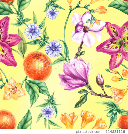 Watercolor botanical pattern with flowers and fruits 114821116