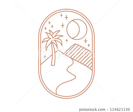 Night oasis boho logo. sand, moon, palm, stars landscape aesthetic brown icon. Stock vector illustration isolated on white background in line style. 114821130
