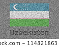 The Uzbek flag painted on a stone slab with the word "Uzbekistan" carved into it 114821863
