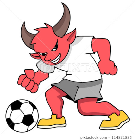 red, horned devil is excitedly carrying a soccer ball 114821885