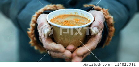 hands of a homeless man holding hot soup in a paper bowl 114822011
