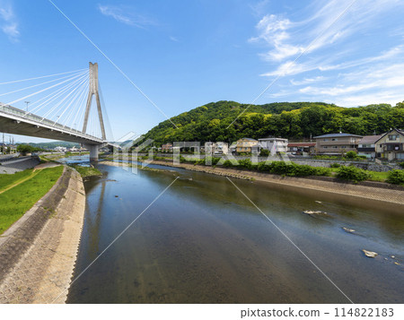 橫跨豬名川和五月山的新豬名川大橋的風景 橫跨豬名川和五月山的新豬名川大橋的風景 114822183