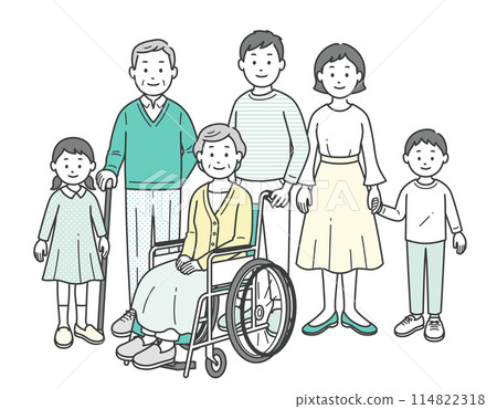 A full-body illustration of a three-generation family assisting a wheelchair-bound grandmother A full-body illustration of a three-generation family assisting a wheelchair-bound grandmother 114822318