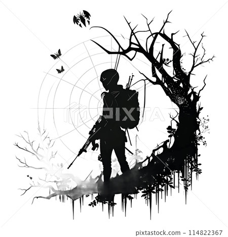 Black silhouette of a sniper on white background. Black silhouette of a sniper on white background. 114822367