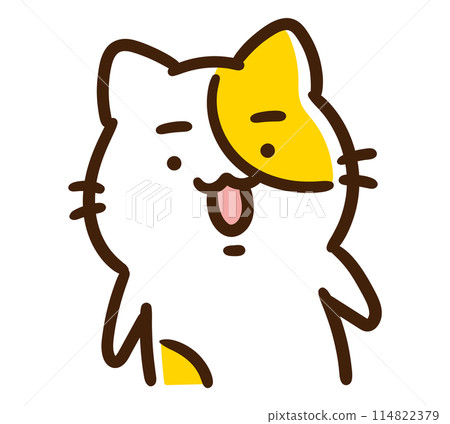 A comical illustration of a cute cat character standing still with a straight face 114822379