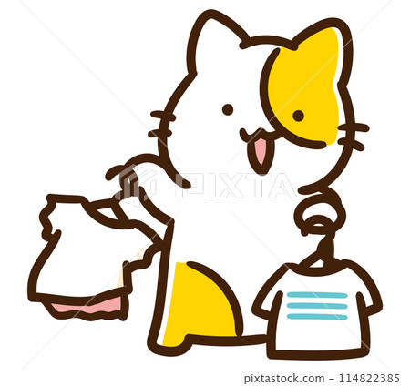 A deformed illustration of a cute cat character choosing clothes in a store 114822385
