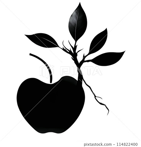 Black silhouette of a tree with apples on grey background. 114822400
