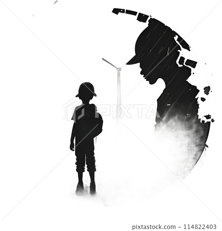 Black silhouette of a boy and the destroyed city on white background. Black silhouette of a boy and the destroyed city on white background. 114822403