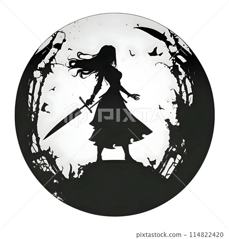 Black silhouette of a girl with sword on white background. Black silhouette of a girl with sword on white background. 114822420