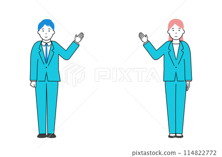 商人和女商人指向並伸展雙手的插圖 114822772