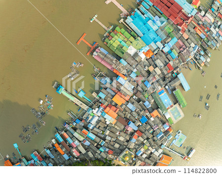 Aerial view of Panyee island in Phang Nga Thailand,High angle view Floating village, Koh Panyee fishing village island in Phang Nga, Thailand 114822800