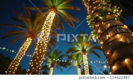 Palm trees decorated with festive and bright garlands in the evening 114822997