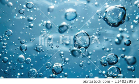 Fresh clean water bubbles closeup on blue background with space for text 114822999