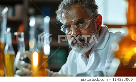 Indian man with glasses scientist working in laboratory 114823000