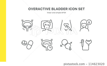 Overactive Bladder Icon Set. Linear Icons of Bladder Condition, Symptoms, Diagnostics, and Treatment. Includes Frequent Urination, Medications, and Injections. Editable Vector Sign Collection. 114823020