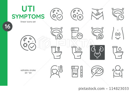 UTI Symptoms Icon Set. Linear Icons Depicting Various Symptoms of Urinary Tract Infections. Includes Painful Urination, Frequent Urination, Abdominal Pain, Cloudy Urine, and Fever. Editable Vector Sig 114823033