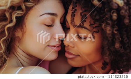 Happy lesbian couple closeup. PRIDE month and the LGBT+ movement. 114823216