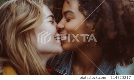 Happy kissing lesbian couple. PRIDE month and the LGBT+ movement. 114823217