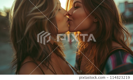 Happy kissing lesbian couple. PRIDE month and the LGBT+ movement. 114823219