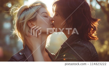 Happy kissing lesbian couple. PRIDE month and the LGBT+ movement. 114823222