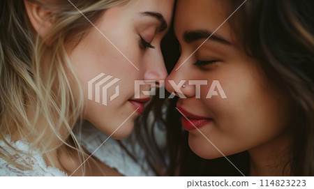 Happy lesbian couple closeup. PRIDE month and the LGBT+ movement. Happy lesbian couple closeup. PRIDE month and the LGBT+ movement. 114823223