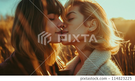 Happy kissing lesbian couple. PRIDE month and the LGBT+ movement. 114823225