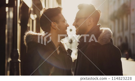 Gay couple in love walking in the city at sunset. PRIDE month and the LGBT+ movement. 114823228