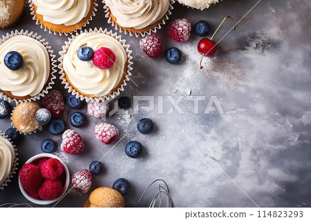 Homemade cupcakes with berries and whipped cream on wooden background 114823293