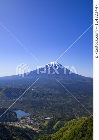 A spectacular view of Mt. Fuji from the ridgeline between Mt. Odake and Mt. Onigatake in Yamanashi Prefecture (spring scenery) 114823447