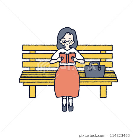 一位高級婦女坐在長凳上讀書的插圖 114823463